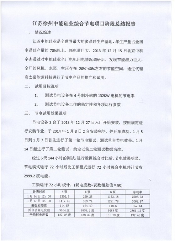 江蘇中能硅業(yè)科技發(fā)展有限公司節(jié)電項(xiàng)目總結(jié)報告1